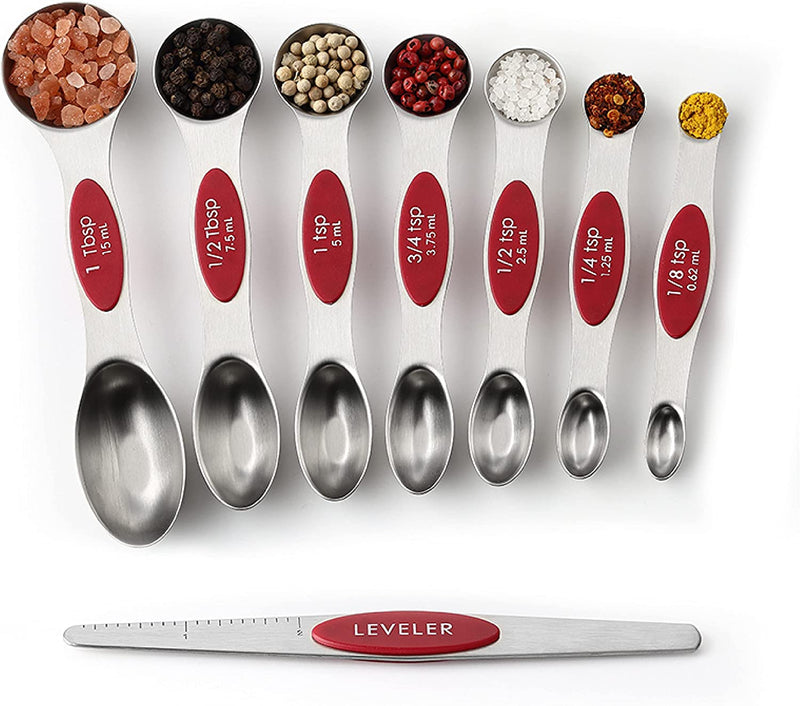 Magnetic Measuring Spoons Set, Dual Sided, Stainless Steel, Fits in Spice Jars, Red, Set of 8