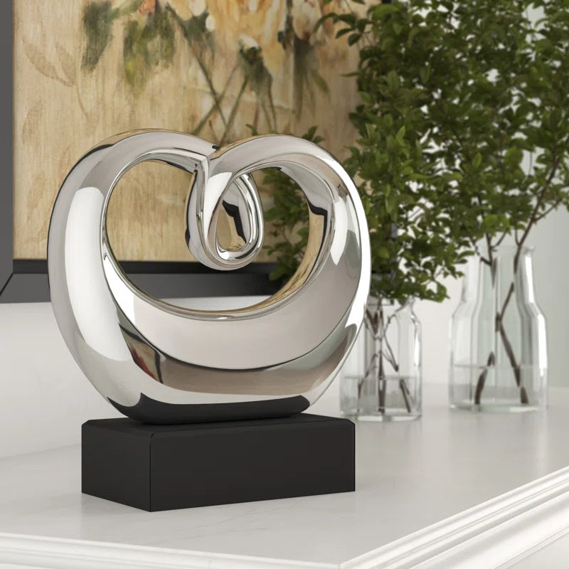 Allye Ceramic Swirl Abstract Decorative Silver Sculpture with Black Base