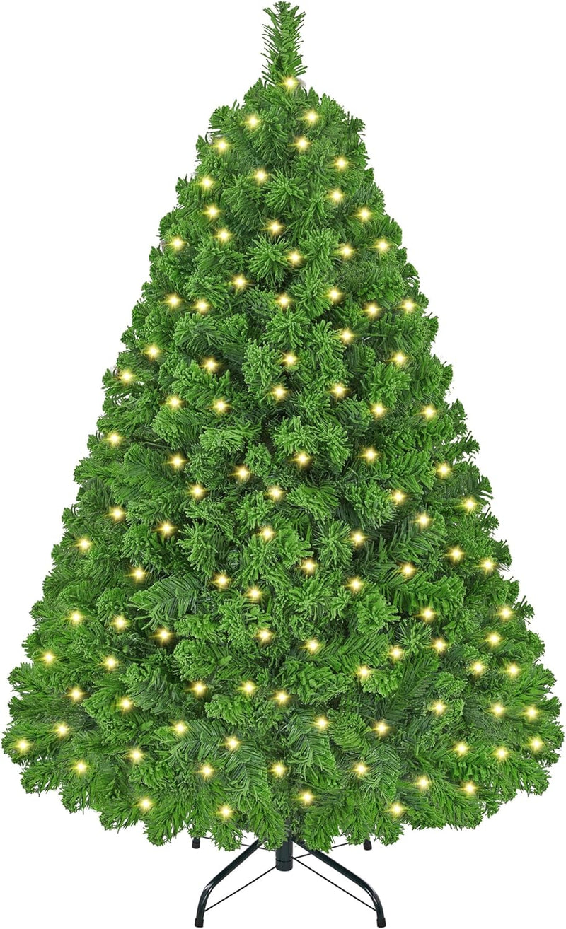 4.5Ft Pre-Lit Artificial Christmas Tree with Incandescent Warm White Lights, Snow Flocked Full Prelighted Xmas Tree W/340 Branch Tips, 150 Incandescent Lights & Foldable Stand, Green & White