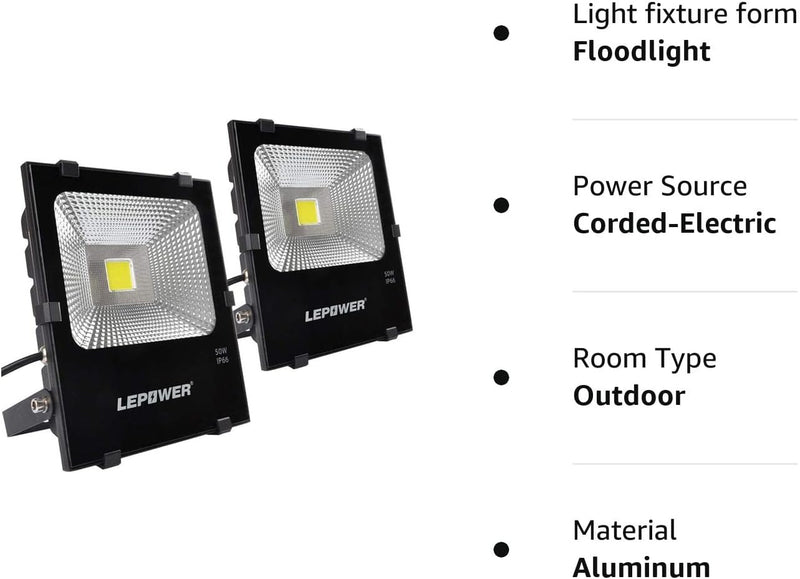 50W LED Flood Light 2 Pack, Outdoor Work Light with Plug, 250W Halogen Bulb Equivalent, IP66 Waterproof, 4000Lm, 6000K, Outdoor Led Lights (White Light)