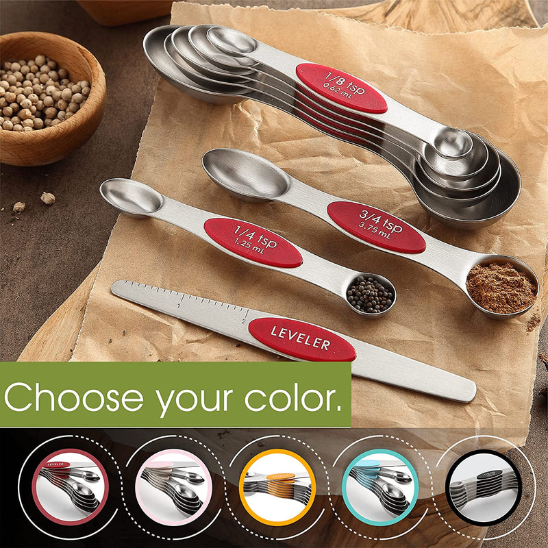 Magnetic Measuring Spoons Set, Dual Sided, Stainless Steel, Fits in Spice Jars, Red, Set of 8