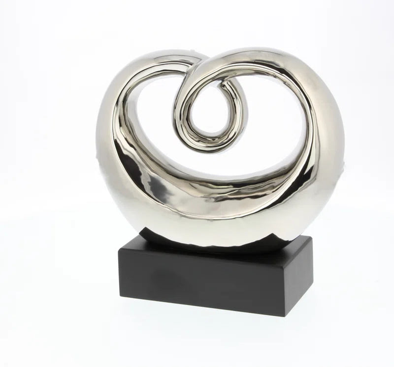 Allye Ceramic Swirl Abstract Decorative Silver Sculpture with Black Base