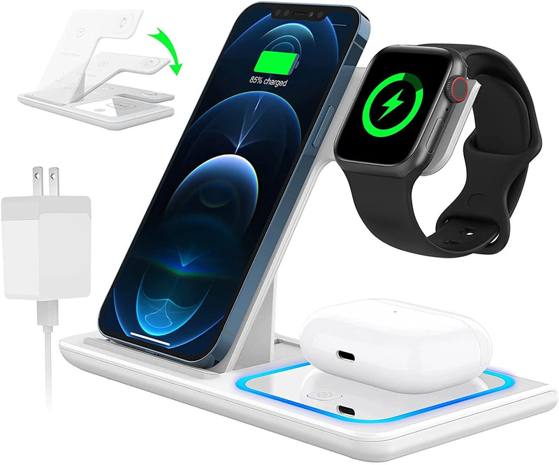 Wireless Charger, 18W Fast Iphone Charging Station for Iphone 16/15/14/13/12 /11/Pro Max/Plus, 3 in 1 Wireless Charging Stand for Iwatch Series SE 10/9/8/7/6/5/4/3, Airpods Pro/3/2 (W/ QC3.0 Adapter)