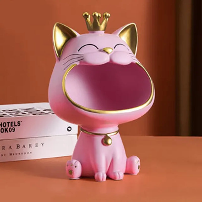 Fortune Crown Big Mouth Cat Entrance Key Storage Tray Decorative Ornament, Light Luxury Housewarming Gift Sculpture