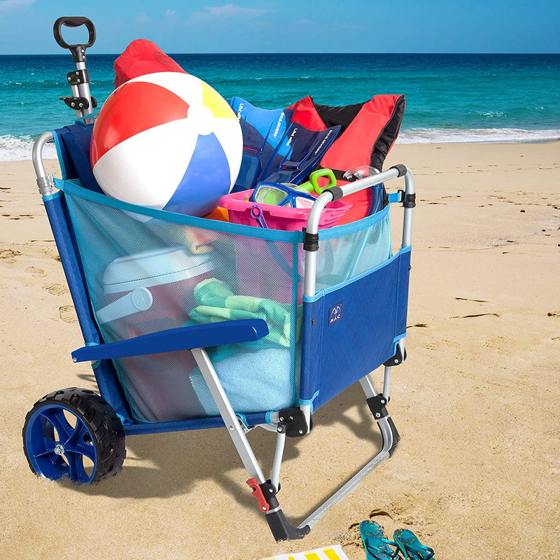 Beach Day Foldable Chaise Lounge Chair with Integrated Wagon Pull Cart Combination and Heavy Wheels - Perfect for Beach, Backyard, Pool or Picnic