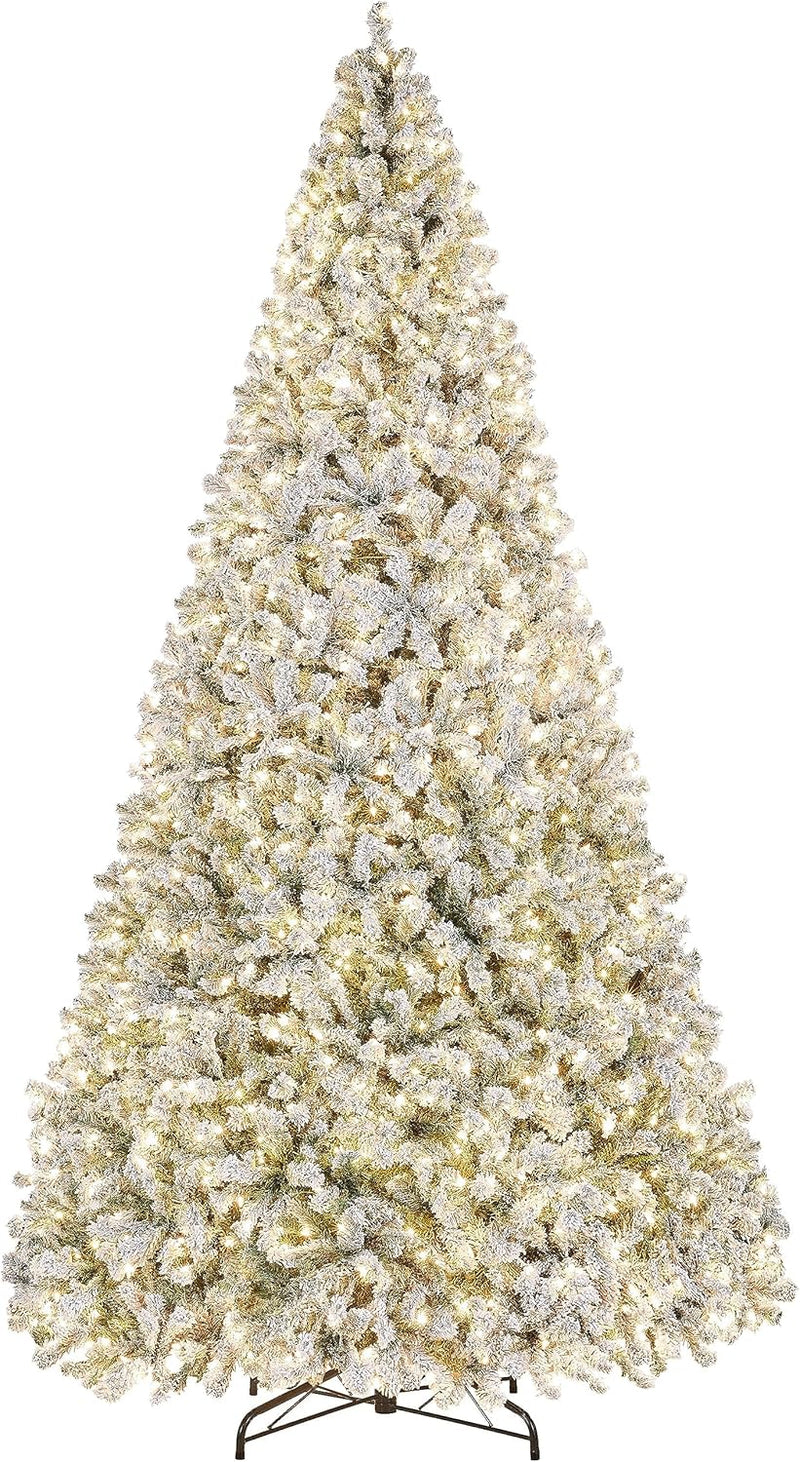 4.5Ft Pre-Lit Artificial Christmas Tree with Incandescent Warm White Lights, Snow Flocked Full Prelighted Xmas Tree W/340 Branch Tips, 150 Incandescent Lights & Foldable Stand, Green & White