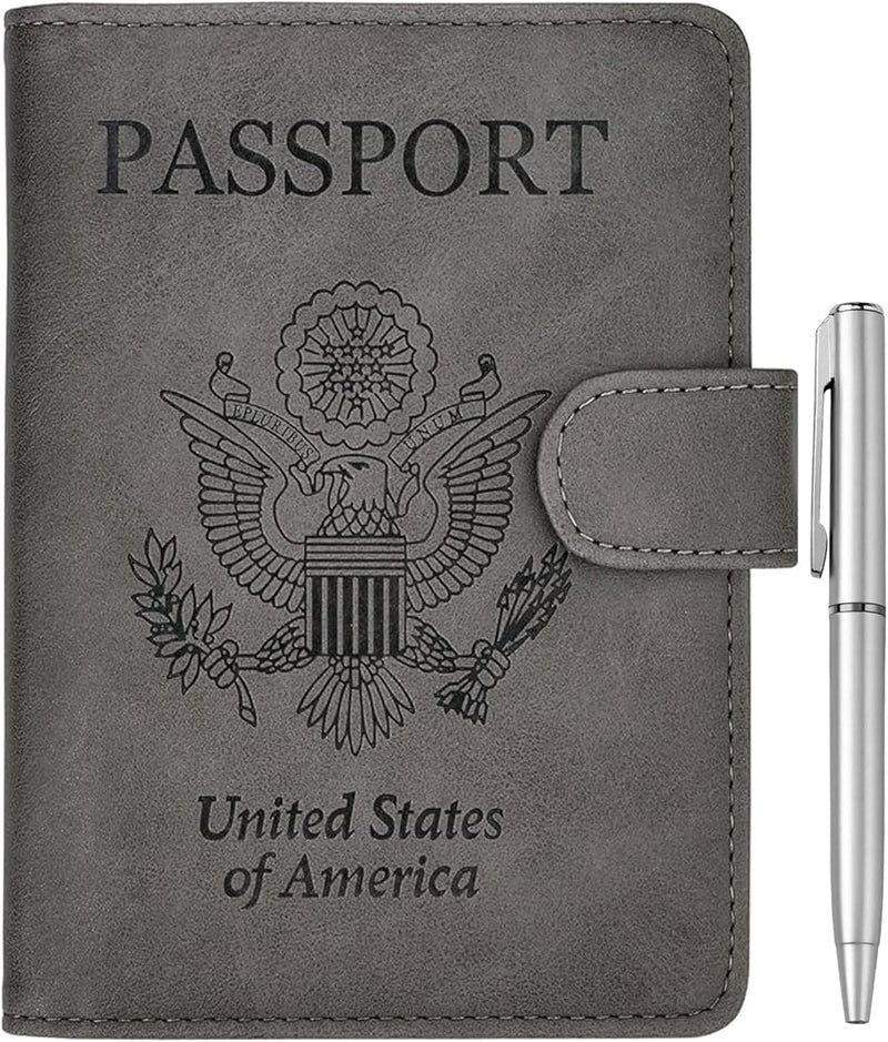 Passport Holder for Travel, RFID Passport Cover Wallet for Women Men, PU Leather Passport Book Card Holder Case with Pen, Travelling Essentials for Flying