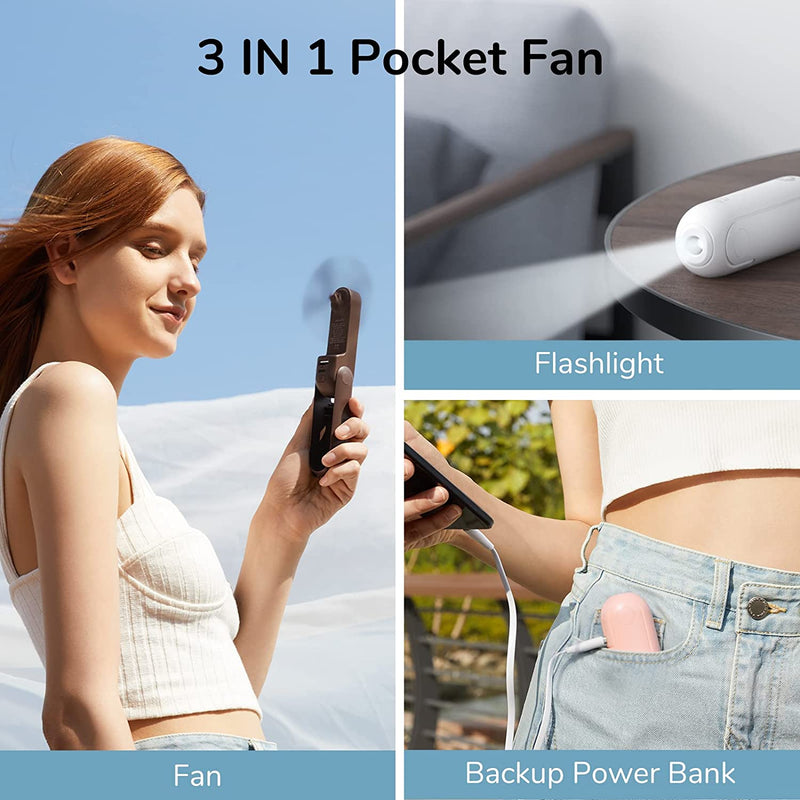 Handheld Mini Fan, 3 in 1 Hand Fan, USB Rechargeable Small Pocket Fan [12-19 Working Hours] with Power Bank, Flashlight, Portable Fan for Travel/Summer/Concerts/Lash, Gifts for Women(White)