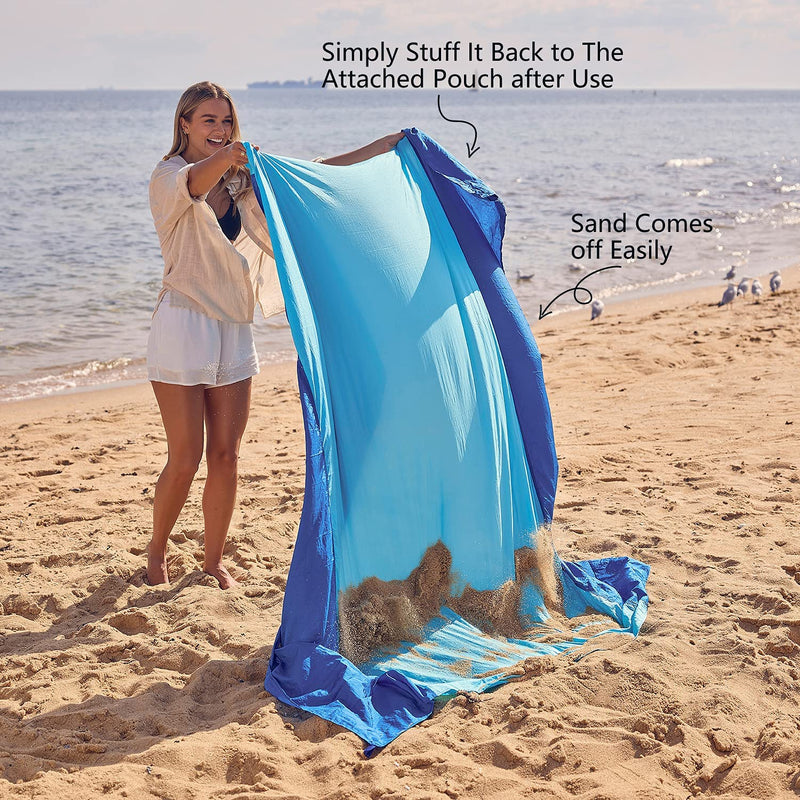 Beach Blanket Sandproof, Extra Large Beach Mat, Big & Compact Sand Free Mat Quick Drying, Lightweight & Durable with 6 Stakes & 4 Corner Pockets