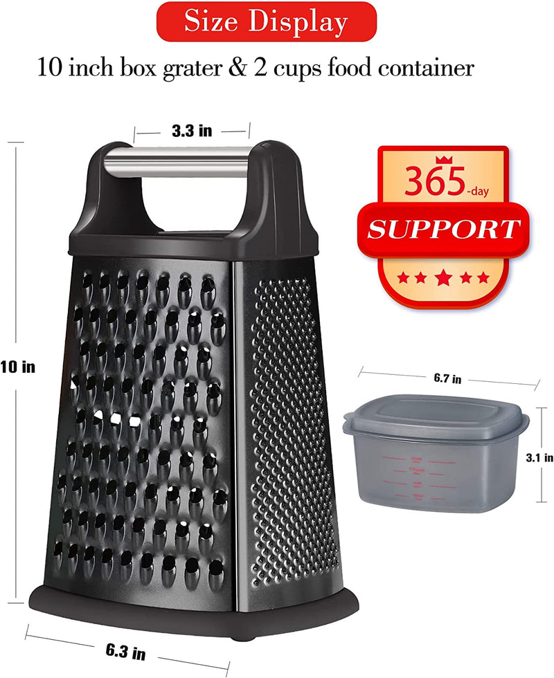 Cheese Grater with Handle, 4 Side Box Grater - Stainless Steel 10 Inch Cheese Slicer Shredder for Kitchen with a Storage Container (Black and Black)