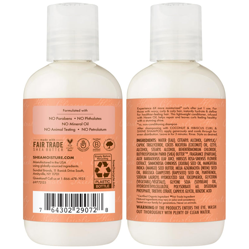 Curl & Shine Shampoo & Conditioner, Travel-Size – Coconut & Hibiscus Curly Hair Products for Shine & Frizz Control, 3.2 Oz Ea (2 Piece Set)