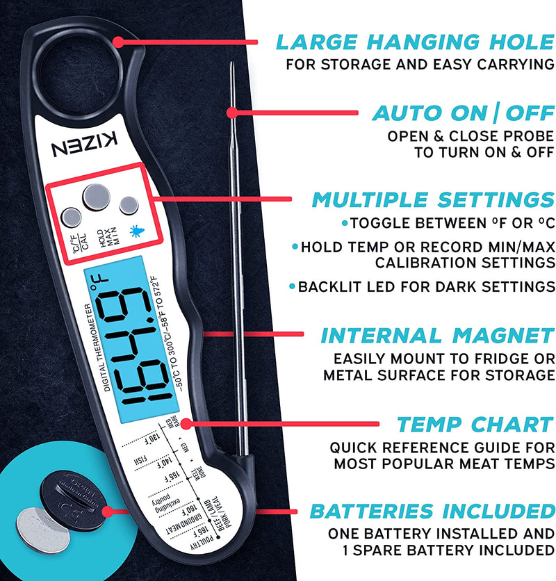 Instant Read Meat Thermometer Digital - Food Thermometer for Cooking, Grill, Oven, BBQ - Probe Thermometer for Kitchen