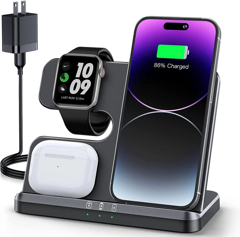 Wireless Charger, 18W Fast Iphone Charging Station for Iphone 16/15/14/13/12 /11/Pro Max/Plus, 3 in 1 Wireless Charging Stand for Iwatch Series SE 10/9/8/7/6/5/4/3, Airpods Pro/3/2 (W/ QC3.0 Adapter)