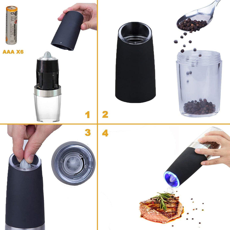 Gravity Electric Salt and Pepper Grinder Set,Battery Operated Automatic Salt and Pepper Mill Set - Blue LED Light,Adjustable Coarseness,One Handed Operation(Black 2 Pack)