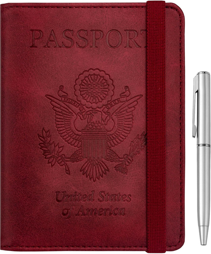 Passport Holder for Travel, RFID Passport Cover Wallet for Women Men, PU Leather Passport Book Card Holder Case with Pen, Travelling Essentials for Flying