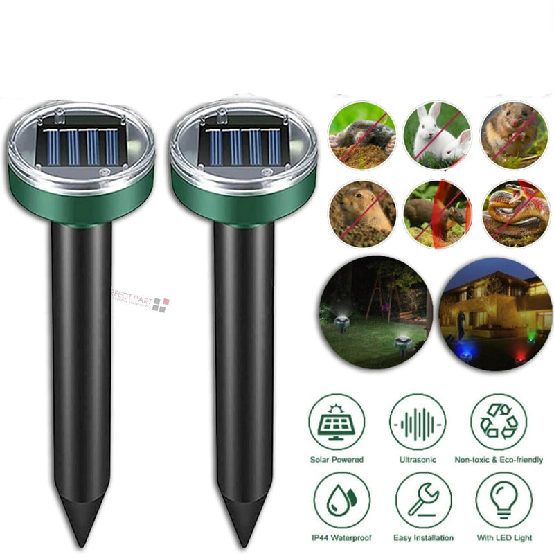 Solar Power Animal Repeller Ultrasonic Mole Pest Cat Mice Rodent Outdoor LED 2PK