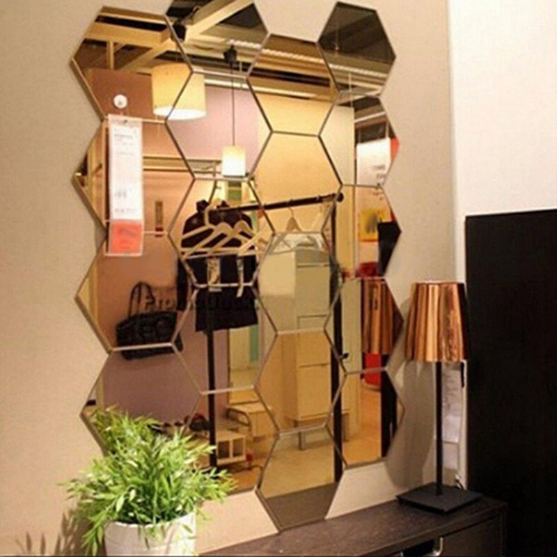 12Pcs Geometric Hexagon Mirror Wall Sticker DIY Home Decor Enlarge Living Room Removable Safety Creative 3D Mural Decals