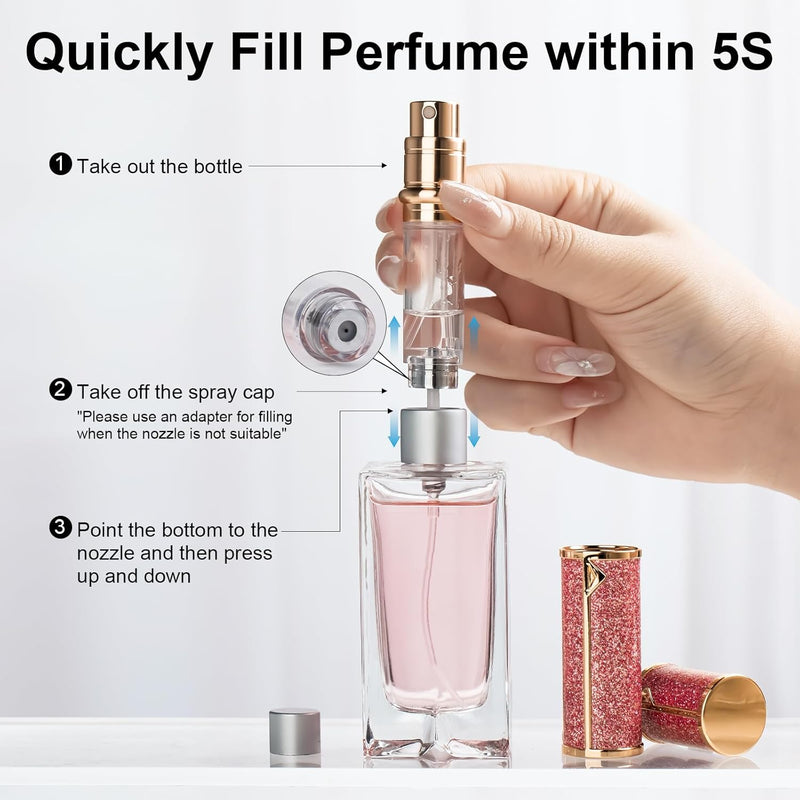 Perfume Travel Refillable Atomizer, Luxury Glitter Bling Bottom Filling Perfumes Bottle, Mini Fragrances Dispenser, Portable Cologne Sprayer Pocket Size 5Ml for Plane Trip Gift, Sparkling Pink