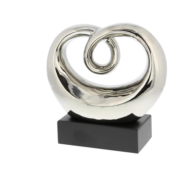 Allye Ceramic Swirl Abstract Decorative Silver Sculpture with Black Base