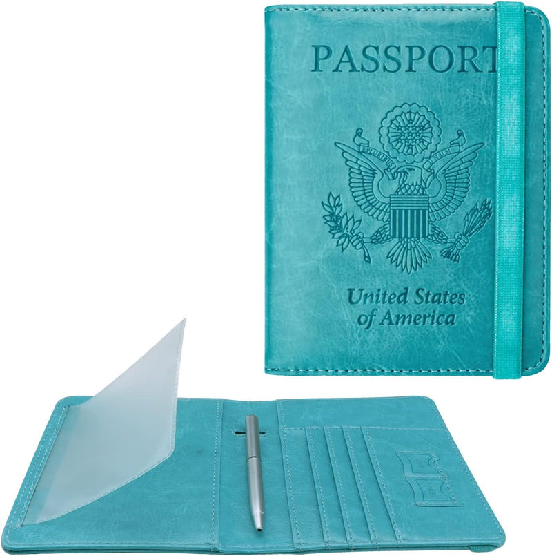 Passport Holder for Travel, RFID Passport Cover Wallet for Women Men, PU Leather Passport Book Card Holder Case with Pen, Travelling Essentials for Flying