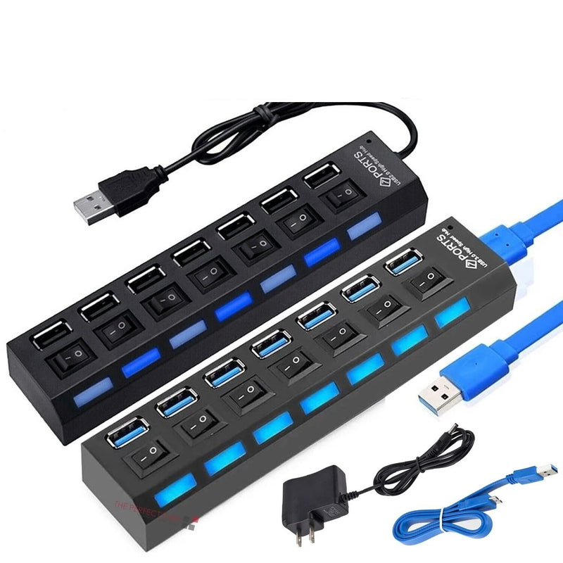 7 Port USB 2.0 / 3.0 Hub Splitter Adapter High Speed for PC Laptop Mac Desktop