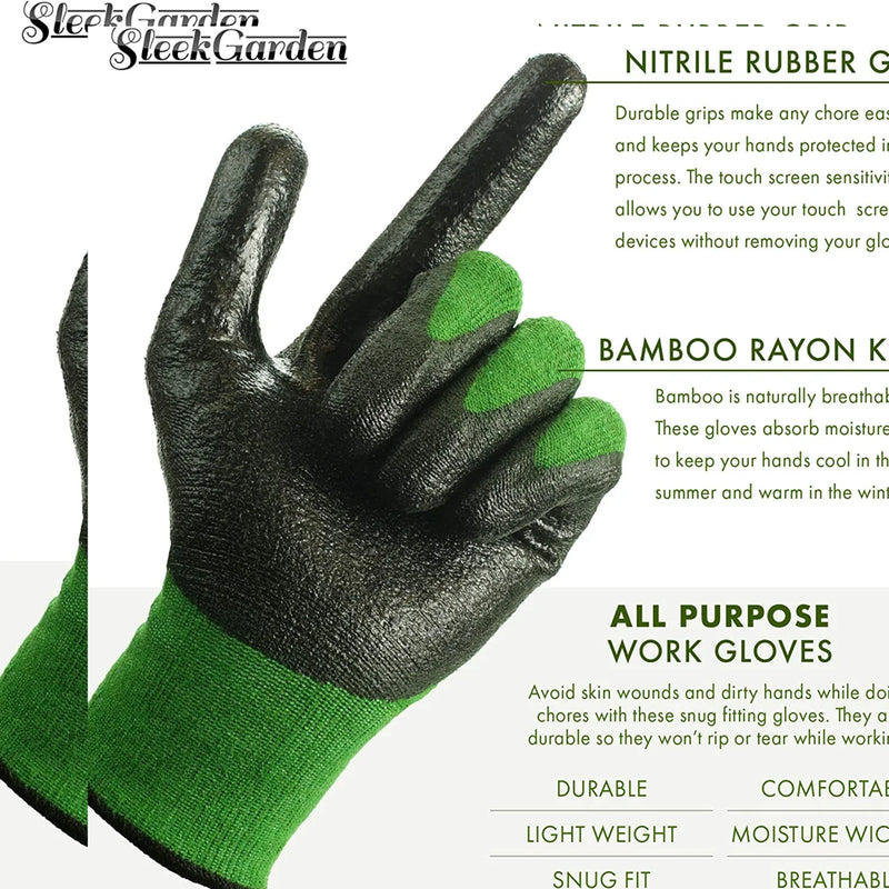 Series Bamboo Gardening Gloves for Women and Men with Nitrile Protective Coating, Medium