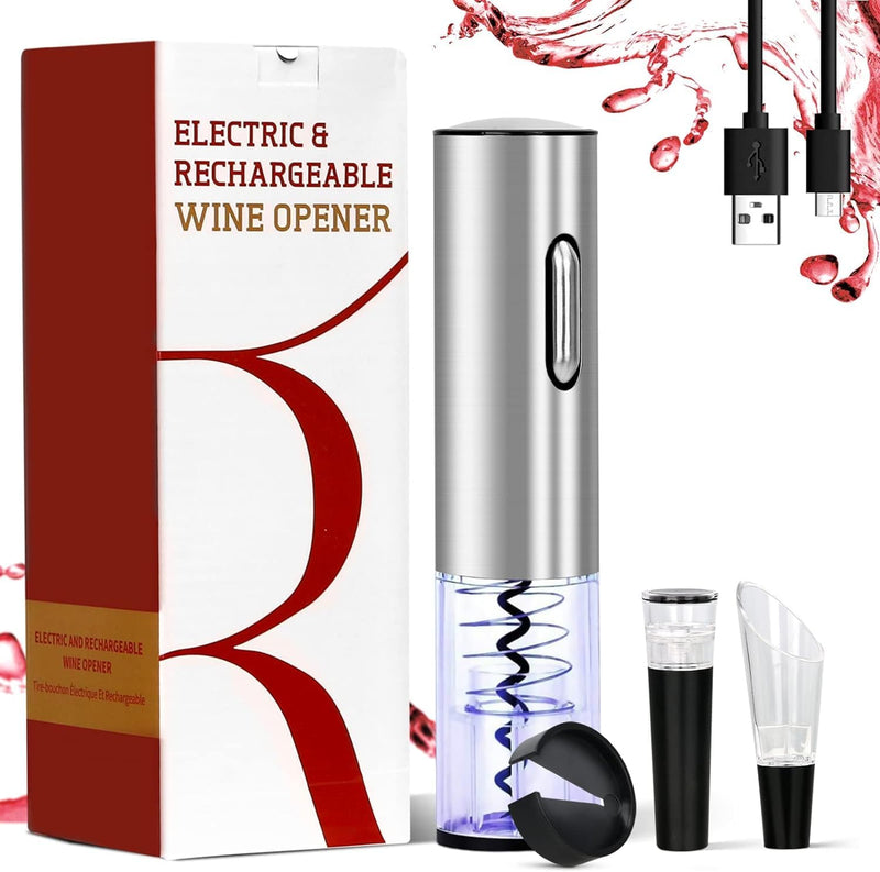 Electric Wine Opener Rechargeable, Automatic Wine Bottle Opener 4-In-1 Set Gift, Upgraded Electric Wine Corkscrew with Foil Cutter, Vacuum Stopper and Wine Pourer (Stainless Steel)