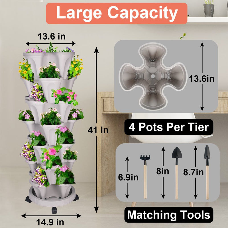 7 Tier Stackable Strawberry, Herb, Flower, and Vegetable Planter - Vertical Garden Indoor/Outdoor(Gray)