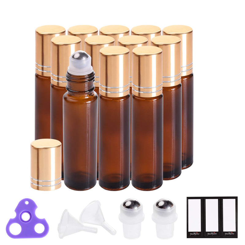 Essential Oil Roller Bottles for Oils 10Ml Glass Amber Perfume Bottles Empty with Extra Roller Balls, Opener, Funnel, Pipette, Labels, 4Pack Roll on Bottles