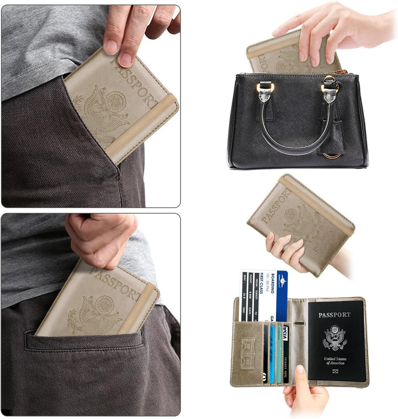 Passport Holder for Travel, RFID Passport Cover Wallet for Women Men, PU Leather Passport Book Card Holder Case with Pen, Travelling Essentials for Flying