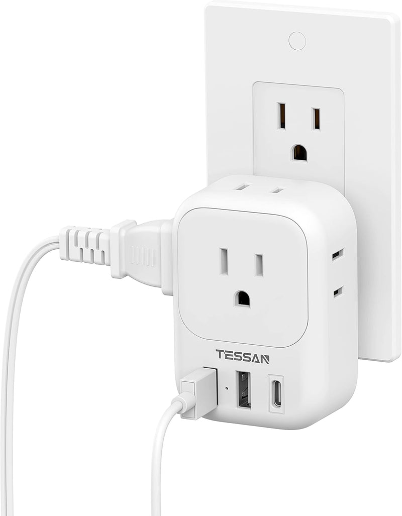 USB Charger Block,  USB Plug Adapter with Electrical 4 Box Splitter 3 USB Wall Charger Ports, Multi Plug Outlet Extender Charging for Cruise, Travel, Office, Dorm Essentials