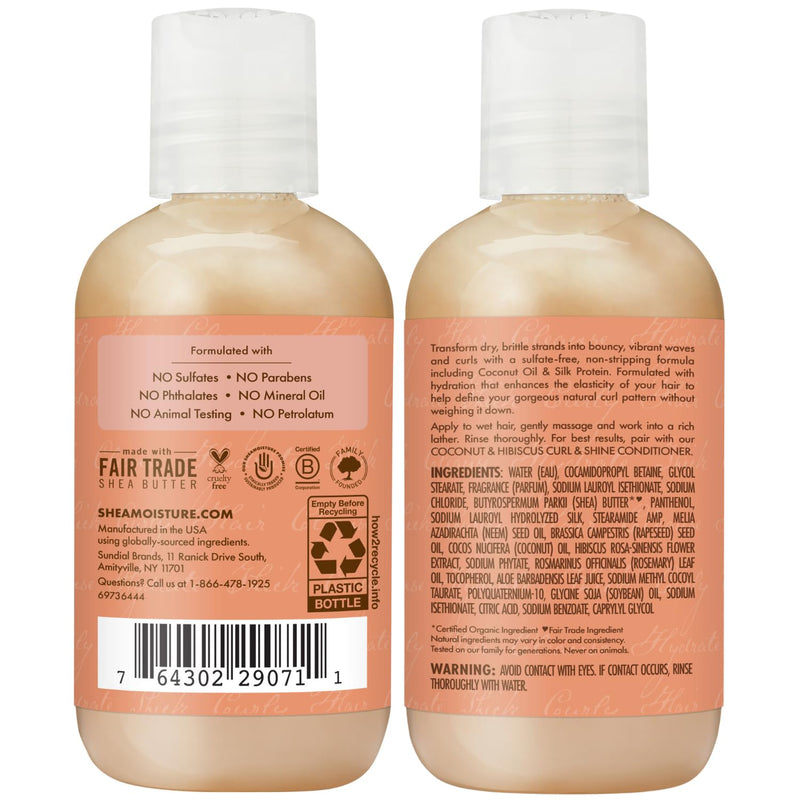 Curl & Shine Shampoo & Conditioner, Travel-Size – Coconut & Hibiscus Curly Hair Products for Shine & Frizz Control, 3.2 Oz Ea (2 Piece Set)