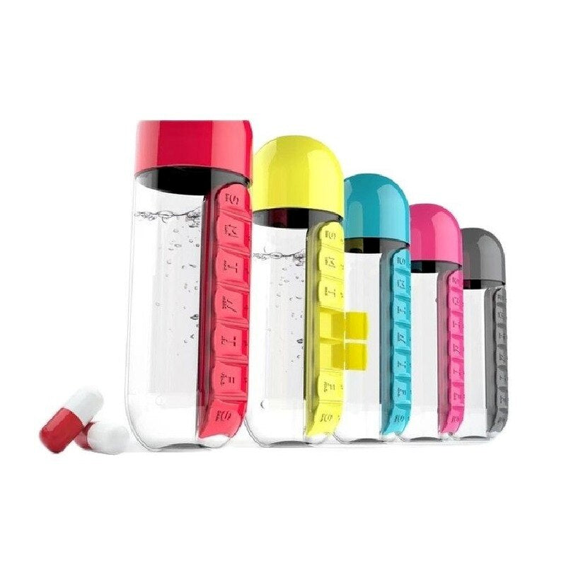 600Ml Sports Plastic Water Bottle Combine Daily Pill Boxes Organizer Drinking Bottles Leak-Proof Bottle Tumbler Outdoor