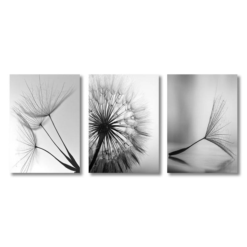 3PCS Black and White Wall Art Canvas Painting Dandelion Flower Pictures Poster and Prints Home Decorative Artworks for Kitchen