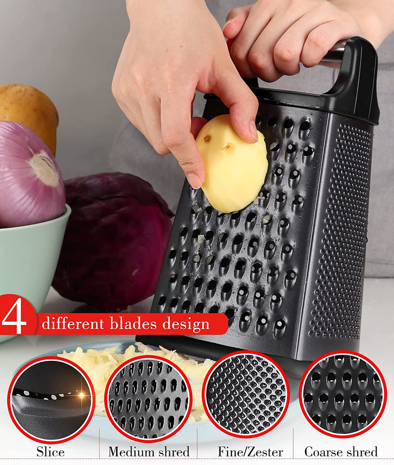 Cheese Grater with Handle, 4 Side Box Grater - Stainless Steel 10 Inch Cheese Slicer Shredder for Kitchen with a Storage Container (Black and Black)