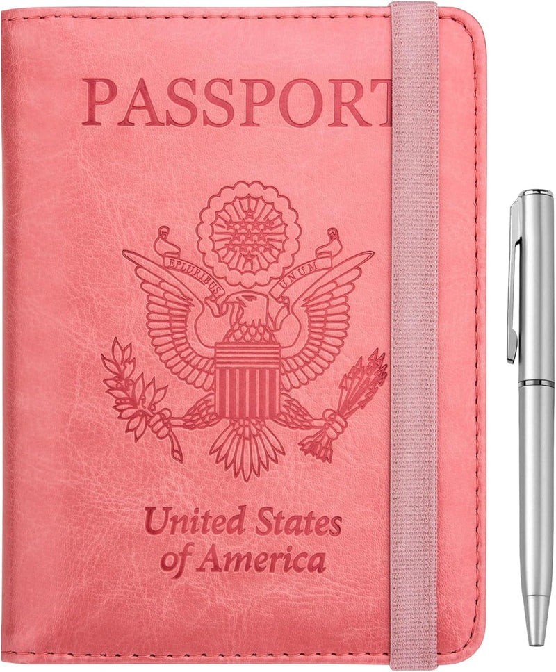 Passport Holder for Travel, RFID Passport Cover Wallet for Women Men, PU Leather Passport Book Card Holder Case with Pen, Travelling Essentials for Flying