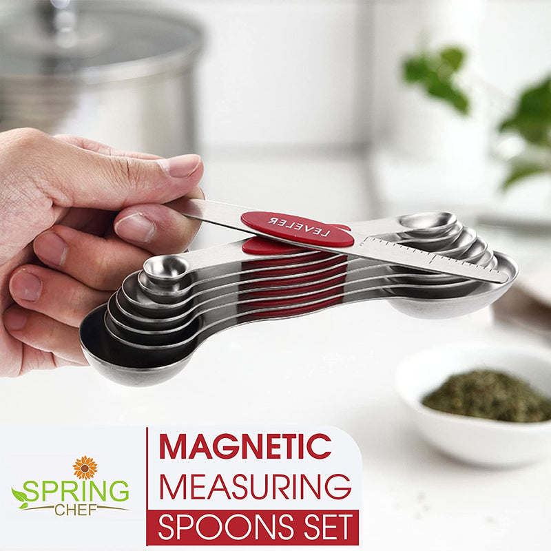 Magnetic Measuring Spoons Set, Dual Sided, Stainless Steel, Fits in Spice Jars, Red, Set of 8