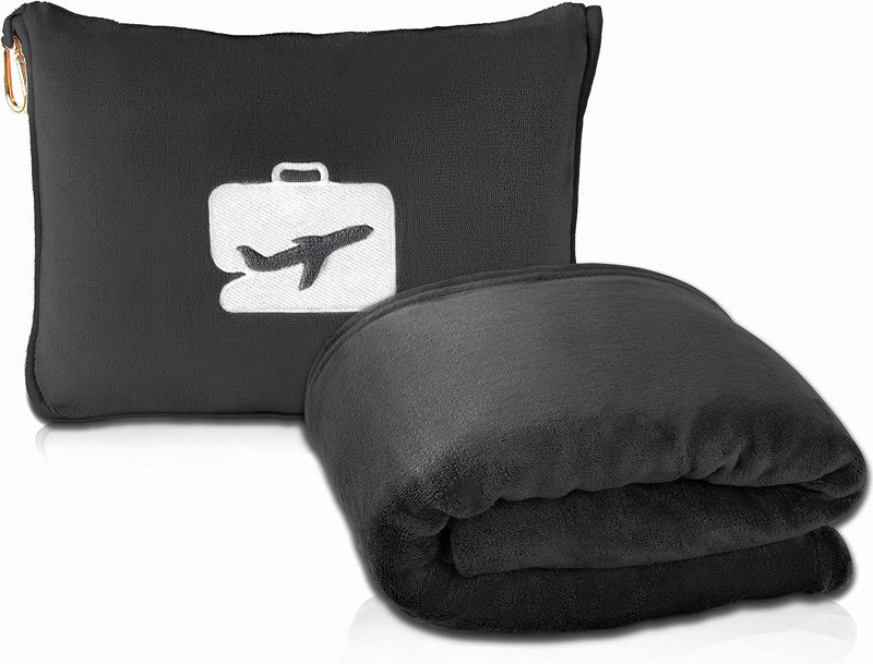 Travel Blanket and Pillow - Premium Soft 2 in 1 Airplane Blanket with Soft Bag Pillowcase, Hand Luggage Sleeve and Backpack Clip (Black)