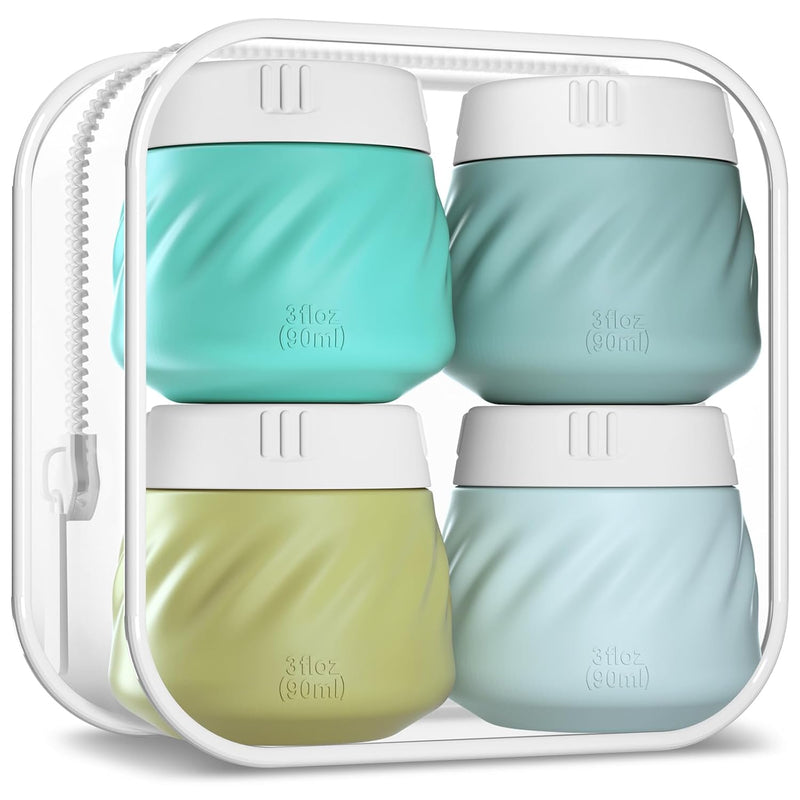 Travel Containers for Toiletries, Silicone Cream Jars TSA Approved Travel Size Containers with Clear Bag, Leak-Proof Travel Accessories with Lid for Cosmetic Face Body Hand Cream (4 Pack)