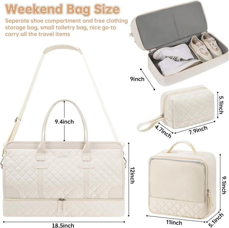 Weekender Overnight Bag for Women, Large Travel Duffle Bag with Shoe Compartment & Wet Pocket, Carry on Tote Bag Gym Duffel Bag with Toiletry Bag for Hospital 3 Pc Set, Large Size, Off-White