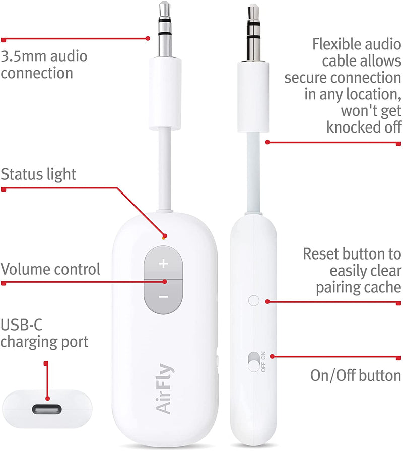 Airfly SE Bluetooth Wireless Audio Transmitter Receiver for Airpods or Wireless Headphones - Use with Any 3.5 Mm Audio Jack for Airplanes, Gym Equipment, Tvs, Ipad/Tablets and Auto