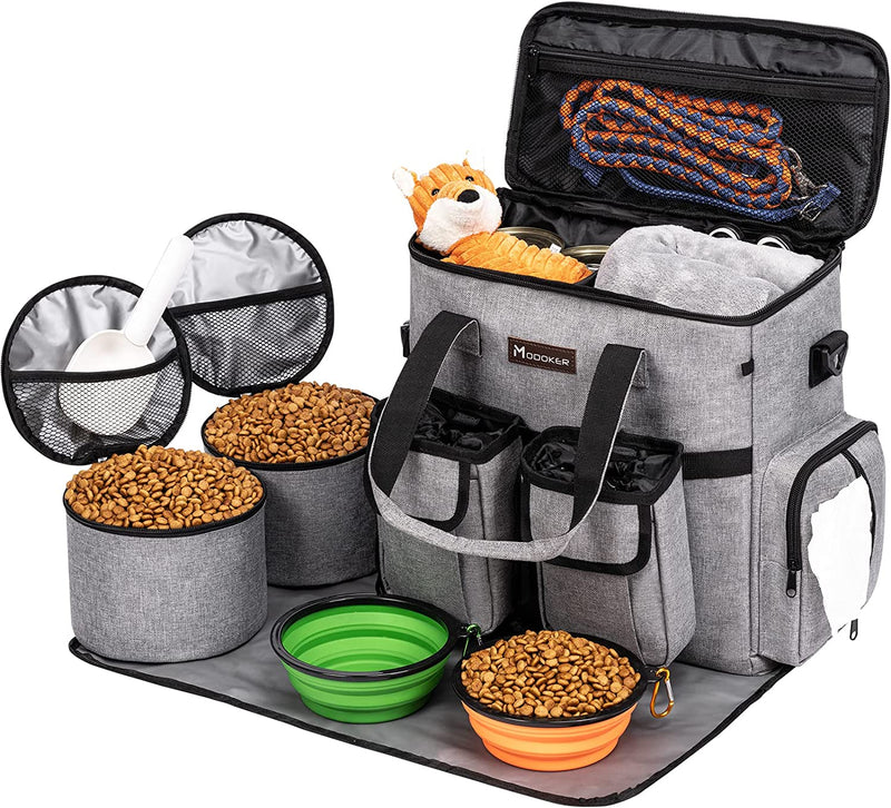 Dog Travel Bag, Weekend Pet Travel Set for Dog and Cat, Airline Approved Tote Organizer with Multi-Function Pockets, 2 Food Storage Containers, 2 Collapsible Bowls, 1 Feeding Mat (Grey)