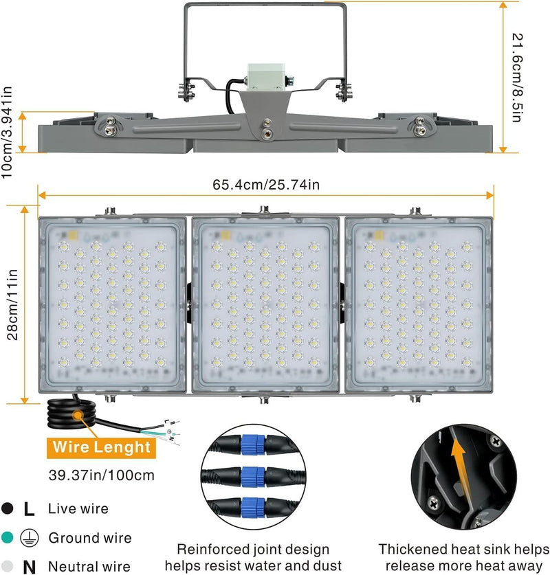 LED Flood Lights Outdoor, 150W 13500LM Dusk to Dawn Outdoor Lighting with Photocell, IP66 Waterproof, 5000K, 3 Heads Adjustable Wide outside Lighting for Parking Lot, Yard, Street, Stadium