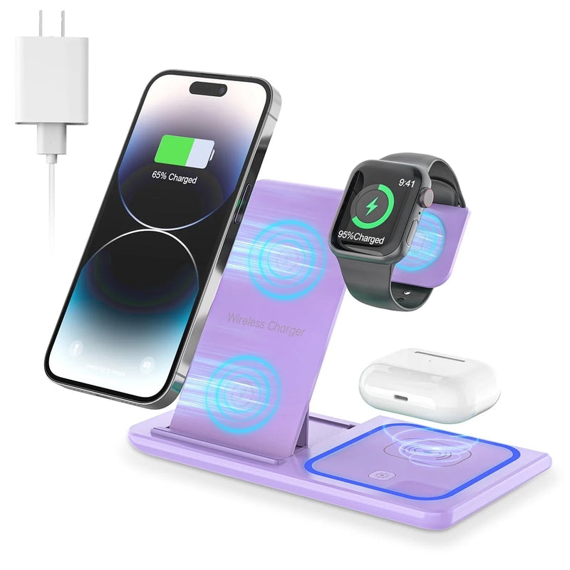 Wireless Charger, 18W Fast Iphone Charging Station for Iphone 16/15/14/13/12 /11/Pro Max/Plus, 3 in 1 Wireless Charging Stand for Iwatch Series SE 10/9/8/7/6/5/4/3, Airpods Pro/3/2 (W/ QC3.0 Adapter)