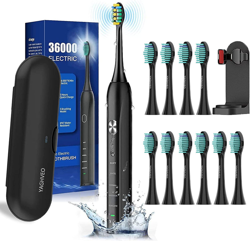 Electric Toothbrush for Adults 10 Replacement Heads, 1 Travel Case, Sonic Tooth Brush Soft, 1 Toothbrush Holder Nail Free, IP7 Impervious Water, Smart Timer, Power Vibrating Toothbrush