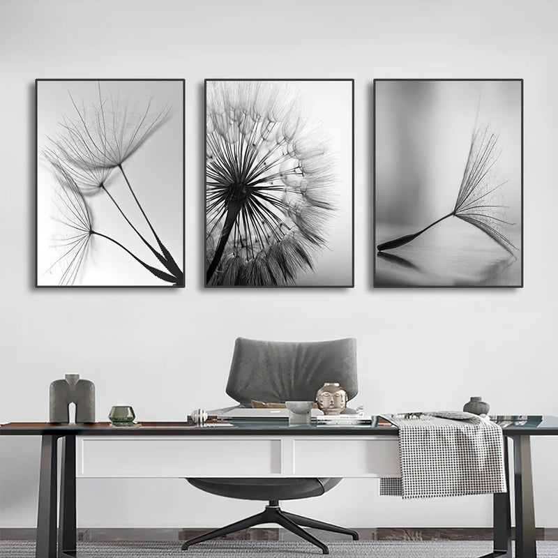 3PCS Black and White Wall Art Canvas Painting Dandelion Flower Pictures Poster and Prints Home Decorative Artworks for Kitchen