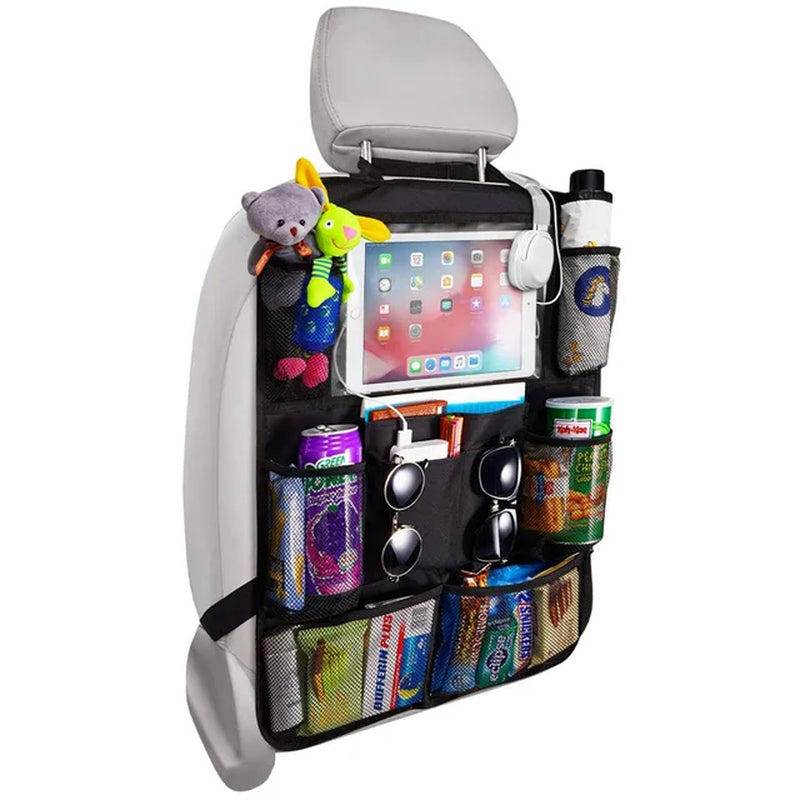 Car Backseat Organizer with 10" Table Holder 9 Storage Pockets Seat Back Protector Kick Mats for Kid Toddlers Travel Accessories