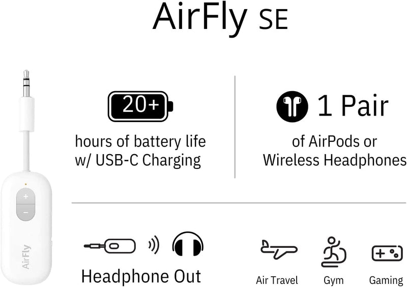 Airfly SE Bluetooth Wireless Audio Transmitter Receiver for Airpods or Wireless Headphones - Use with Any 3.5 Mm Audio Jack for Airplanes, Gym Equipment, Tvs, Ipad/Tablets and Auto