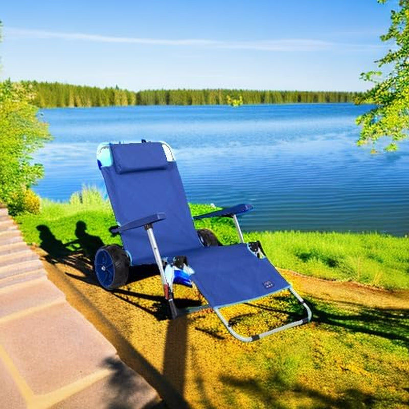 Beach Day Foldable Chaise Lounge Chair with Integrated Wagon Pull Cart Combination and Heavy Wheels - Perfect for Beach, Backyard, Pool or Picnic