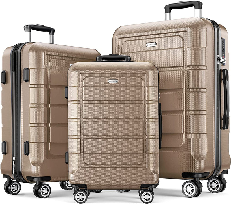 Luggage Sets Expandable PC+ABS Durable Suitcase Double Wheels TSA Lock 3Pcs, Champagne